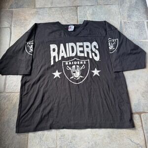 Vintage Raiders NFL Shirt XL USA Made – 90s V-Neck Graphic Tee with Sleeve Logos